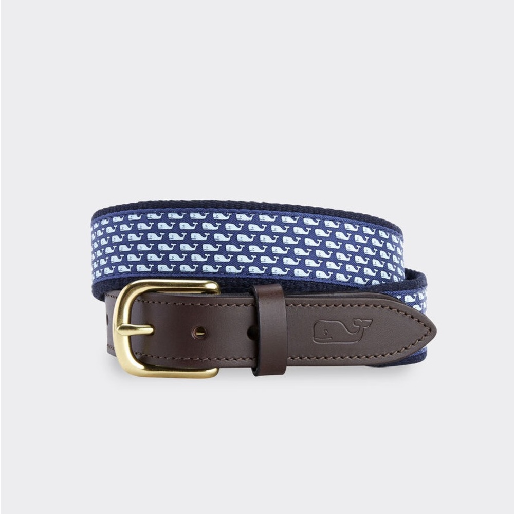 Vineyard Vines Boys Navy Whale Print Belt with Brown Leather & Gold Buckle NWOT